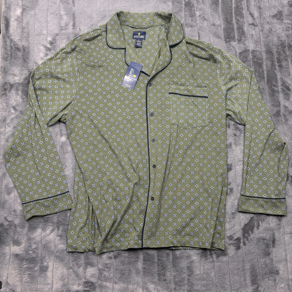 Stafford Mens XL Sleepwear Top Geo Thyme Green Geometric Button Pajama Shirt NWT